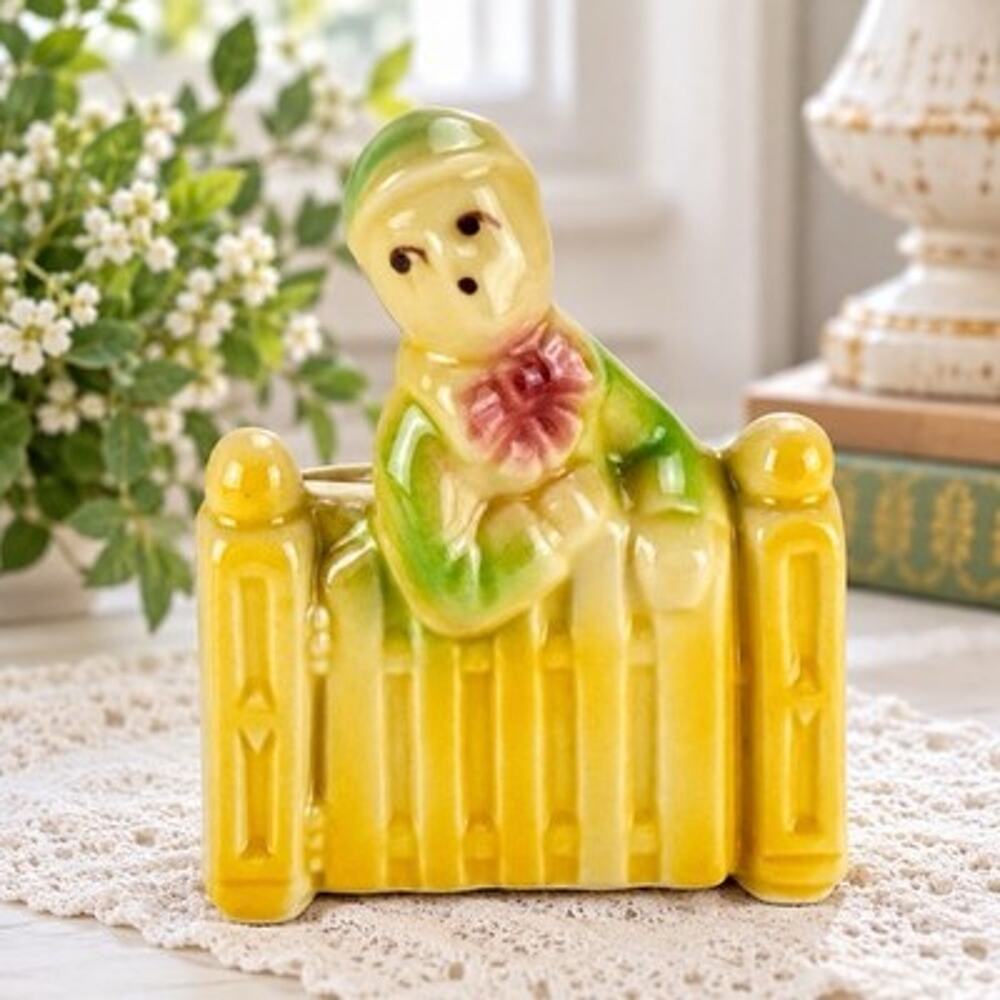 Vintage Shawnee Pottery Boy on Fence Miniature Planter 1950s 4.25"